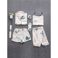 蓝旗(BLUEG)女士七件套睡衣夏季冰丝可爱吊带丝绸家居服可外穿套装