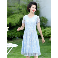 蓝旗/BLUEG夏季中年妈妈装短袖连衣裙高贵气质网纱款中老年女装女裙子