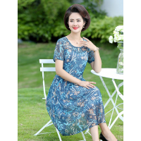 蓝旗/BLUEG中年妈妈装短袖连衣裙女夏仙女裙新款韩版宽松中长裙子
