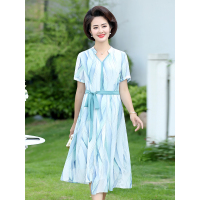 蓝旗/BLUEG妈妈连衣裙过膝阔太太连衣裙夏洋气中年人夏装女裙子妈妈装连衣裙
