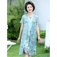 蓝旗/BLUEG妈妈装夏装雪纺连衣裙新款中老年女装阔太太套装中年女裙子两件套