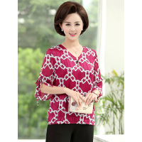 蓝旗/BLUEG妈妈夏装短袖上衣中老年人宽松V领衣服中年妇女气质雪纺轻薄衣服