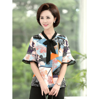 蓝旗/BLUEG中老年女装短袖T恤打底衫40-50岁中年女士小衫妈妈夏装洋气上衣服