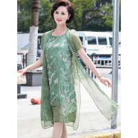 蓝旗/BLUEG妈妈2019新款夏装洋气女士中长款连衣裙40-50岁中老年女装两件套