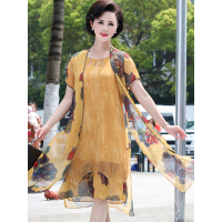 蓝旗/BLUEG妈妈夏装连衣裙两件套2019新款时尚套装中老年女装中长款雪纺裙子