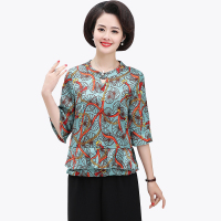 蓝旗(BLUEG)妈妈夏装短袖t恤套装40-50岁中年女夏装雪纺洋气上衣