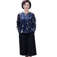 蓝旗(BLUEG)妈妈夏装套装2019新款短袖宽松大码中年女夏雪纺衫衬衣