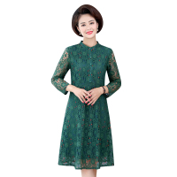 蓝旗(BLUEG)春秋新款时尚洋气妈妈装过膝连衣裙长袖蕾丝气质女装