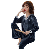 蓝旗 金丝绒睡衣女网红款休闲套装春秋韩版长袖V领家居服两件套