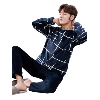 蓝旗 秋冬新款男士法兰绒睡衣长袖轻薄款家居服套装保暖套头白纹睡衣