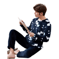 蓝旗 秋冬新款男士法兰绒睡衣长袖轻薄款家居服套装保暖套头睡衣方块图案