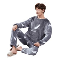 蓝旗 秋冬新款男士法兰绒睡衣长袖轻薄款家居服套装保暖套头羽毛睡衣