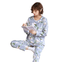 蓝旗 秋冬新款女士法兰绒睡衣长袖轻薄款家居服套装保暖套头花朵图案睡衣