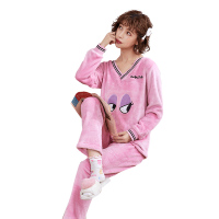 蓝旗 秋冬新款女士法兰绒睡衣长袖轻薄款家居服套装保暖套头V领睡衣