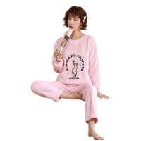 蓝旗 秋冬新款女士法兰绒睡衣长袖轻薄款家居服套装保暖圆领套头兔子睡衣