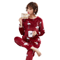 蓝旗 秋冬新款女士法兰绒睡衣长袖轻薄款家居服套装 保暖套头火烈鸟睡衣