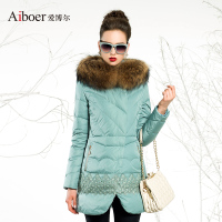 爱博尔新款欧洲站大毛领绣花蕾丝女士中长款羽绒服女BR107-1