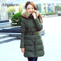 爱博尔毛领加厚羽绒女装貉毛秋冬羽绒服中长款含腰带1566_1