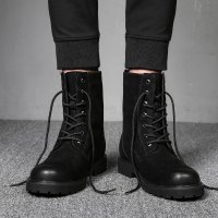 斯米尔(Simier)秋季马丁靴男英伦韩版潮流百搭高帮男鞋休闲男士真皮中帮靴子黑色