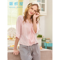 阪织屋仿真丝睡衣女春秋清性感蕾丝短袖套装甜美家居服少女舒适