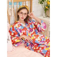阪织屋睡衣女夏季薄款睡裙女性感长袖甜美可爱仿真丝绸和服家居服