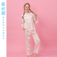 阪织屋睡衣女柔顺轻薄素色蕾丝喇叭袖套头家居服套装