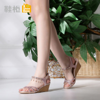 SHOEBOX/鞋柜夏新款中跟亮片水钻吊坠脚链女鞋坡跟凉鞋1116303216