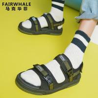 马克华菲凉鞋男士2018夏季新品沙滩鞋透气休闲魔术贴鞋子男军绿