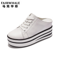 马克华菲女鞋2019夏季新款厚底真皮拖鞋一脚蹬半托无后跟松糕鞋新款内增高单鞋