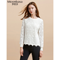 Moonbasa/梦芭莎 优雅重磅镂空蕾丝拼接肌理毛织直身圆领纯色小衫