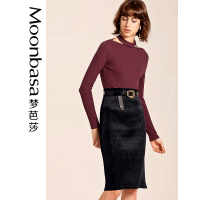 Moonbasa/梦芭莎 简约时尚坑条针织料半分离立领两种穿法T恤