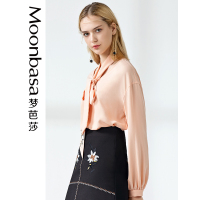 Moonbasa/梦芭莎 V领绑带绣图案时尚灯笼袖宽松套头衫