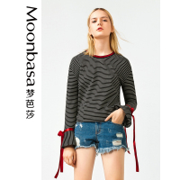 Moonbasa/梦芭莎 时尚休闲条纹罗马布分割错位袖口撞色系带喇叭袖套头衫