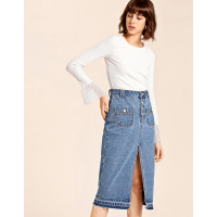 Moonbasa/梦芭莎 时尚优雅直筒下脚撞色洗水毛边牛仔裙