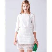 Moonbasa/梦芭莎 欧美定制镂空蕾丝开叉七分雪纺袖OL气质修身连衣裙