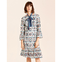 Moonbasa/梦芭莎 优雅时尚小U领荷叶绣荷叶边下摆九分袖修身印花连衣裙（配送间条丝巾）