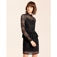 Moonbasa/梦芭莎 优雅荷叶边装饰收腰小立领泡泡长袖蕾丝连衣裙