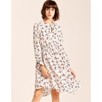 Moonbasa/梦芭莎 优雅时尚印花小圆领荷叶长袖不对称松紧连衣裙