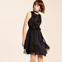 Moonbasa/梦芭莎 优雅浪漫收腰下脚拼半透网布不对称A摆绑腰带无袖礼服裙（配送本布腰带）