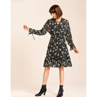 Moonbasa/梦芭莎 浪漫优雅印花料荷叶边边装饰绑绳细节蝙蝠袖宽松收腰连衣裙