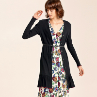 Moonbasa/梦芭莎 欧美时尚坑条针织料撞色荷叶边长款长袖V领开衫连衣裙（配送腰带）