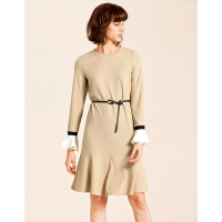 Moonbasa/梦芭莎 时尚女人荷叶浪摆喇叭长袖圆领连衣裙（配送皮带）