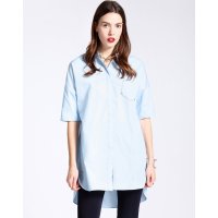 Moonbasa/梦芭莎 帅气高街宽松廓形短袖撞色珠边线迹长款衬衫