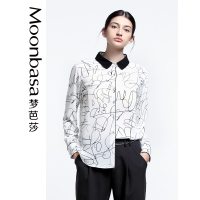 Moonbasa/梦芭莎 优雅时尚抽象线条印花宽松型撞色领子和织带长袖衬衫