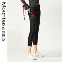 Moonbasa/梦芭莎 时尚橡筋抽绳腰头宽松窄脚花卉刺绣哈伦九分牛仔裤