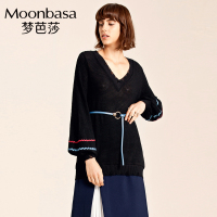 Moonbasa/梦芭莎 时尚大气特殊纹理毛织烂边罗纹浪漫撞色织带卫衣（配送间条腰带）