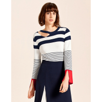 Moonbasa/梦芭莎 时尚简洁撞色间条镂空领开叉袖口毛织小衫