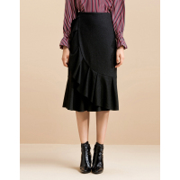 Moonbasa/梦芭莎 时尚优雅不规则飞边鱼尾荷叶边中长款针织呢半裙