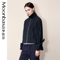 Moonbasa/梦芭莎 时尚优雅条纹呢料罗纹高立领绑绳线迹装饰短款箱型外套