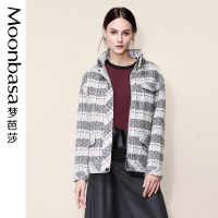 Moonbasa/梦芭莎 休闲时尚粗纺格子呢立领拼皮夹克式大件外套